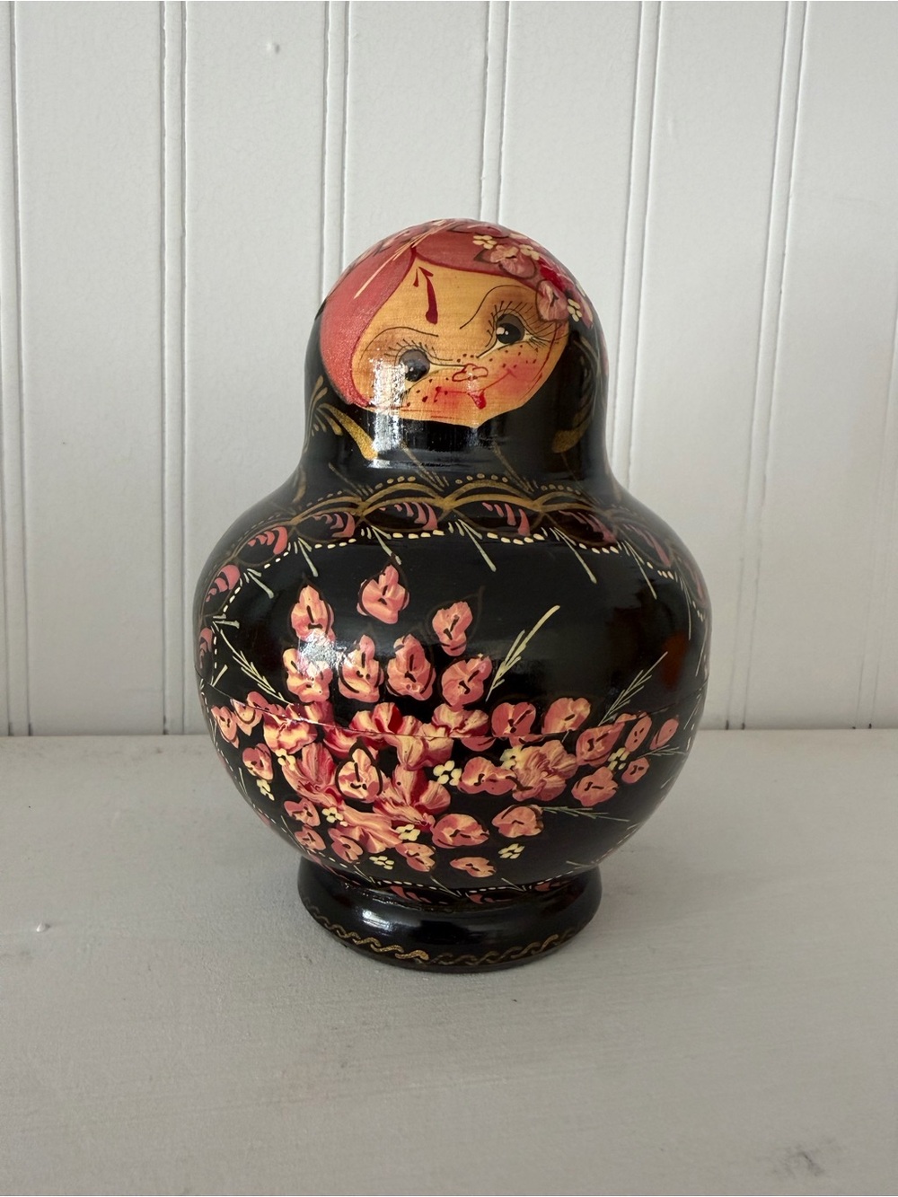 Hand-Painted Black Matryoshka Nesting Doll with Pink Floral Design